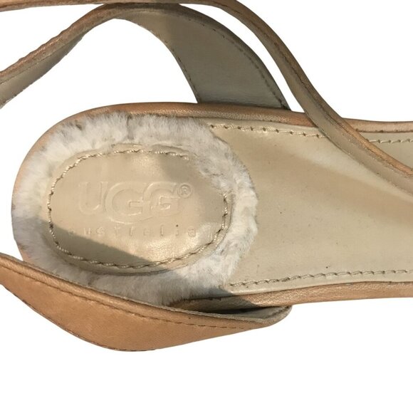 UGG Australia Tan Leather Wedge Sandals Shearling Footbed Studded Size 8.5 - Picture 4 of 12